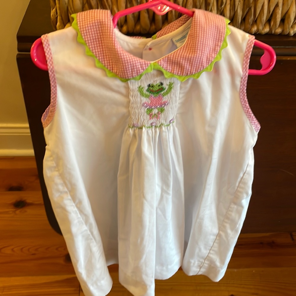 Pink and white with green Rick rack trim and smock frog